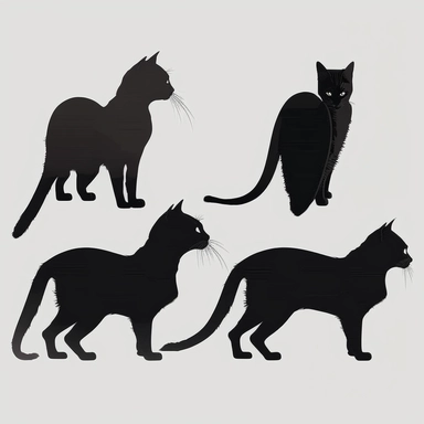 collection black cat in profile, walking, clipart, white background