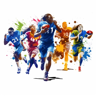 Visualize a dynamic clipart featuring a group of athletes engaged in a spirited game of flag football, their energetic movements captured against a clean white background, channeling the competitive spirit of the holiday.