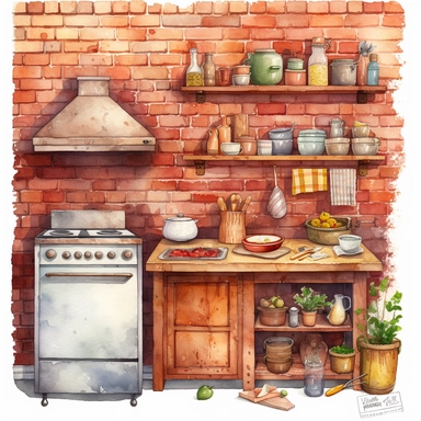 watercolor, hyper realistic, white background, white margins, 16k, ultra detailed clipart, cut out image, hand-drawn a vintage red brick wall kitchen with a retro refrigerator, colorful Fiesta ware dishes, and a charming farm sink. The color theme could be warm earthy tones like beige, rust, and deep red.