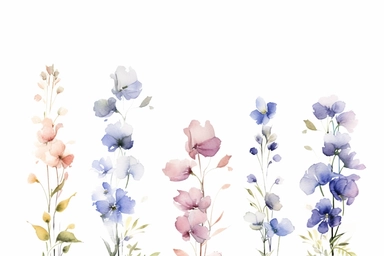 COLLECTION OF enchanted BLUE BELL FLOWERS AND LAVENDER FLOWERS flowers SET ON A ROW, GREEN LEAVES COVER IN BETWEEN, WATERCOLOR HAND PAINTED clipart, WATERCOLOR AIRY PASTEL COLORS, VISIBLE WATERCOLOR BRUSH TOUCHES, DREAMY AND ELEGANT, COLORFUL DREAMY FLOWERS, white background, WATERCOLOR 8k,