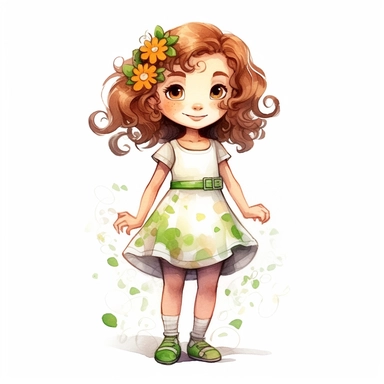 4 year old cartoon Pretty girl, cute cartoon white skin girl with medium lenght curly hair, wearing a white dress patterned with little color flowers and a green belt, smiling with her arms crossed. Pixar childrens book cartoon style, detailed, modern, urban, watercolor, full color, flat color, white background, children book illustration. Watercolor clipart. Pixar animation
