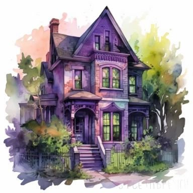 a purple witch gothic atmosphere living in a beautiful old harlem styled house with much greenery clipart watercolor
