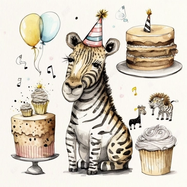3 clipart set, with lion wearing birthday hat, zebra eating birthday cake, giraffe holding present, white background, illustration, drawing, doodle, aquarelle