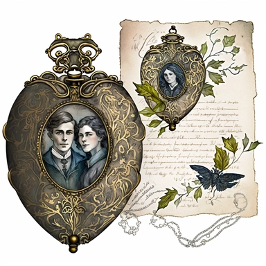 highly detailed and intricate watercolor of old, ornate locket lying open on a vintage handwritten letter. The locket is made of aged, tarnished silver and is engraved with intricate ivy patterns. Inside the locket are two portraits - one of a beautiful, melancholy woman with raven-black hair and the other of a serious, haunted-looking man. Clipart, white background