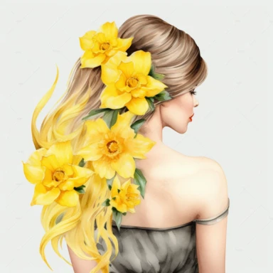watercolor A woman's face, full body, back view Daffodils: These cheerful yellow flowers are a symbol of spring and are often used to represent new beginnings. with flowers and leaves adorning her hair. hair up with flowers vividly bold designs png Full body realistic cartoon in 32K UHD cute. 15 cm thick outline. Black color. There was no shadow on the ground. 8k with realistic watercolors. and detailed illustrations. PNG clipart, transparent white background