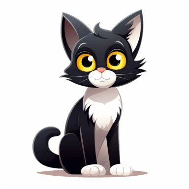cute cartoon cat, black and white cat,smooth fur, black face with a little bit white by mouth, a lot of white on chest, white paws, black legs, yellow eyes, full body sitting, white background, clip art, vector graphic