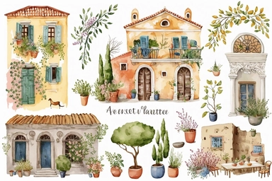 Very cute and Whimsical antique houses of Athens, ancient Greece, Parhenon, colorful, Watercolor, clip art, white background,