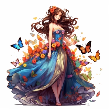 an exceptionally beautiful happy anime girl dressed in evening gown, smiling, long hair, vibrant colors, flowers, butterflies, highly detailed, full body image, pixar style, clipart, white background