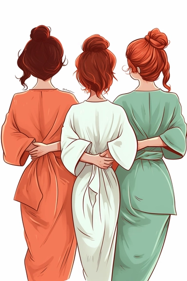 back of bride and bridesmaids on their bathrobe, very happy, clipart, cartoon style