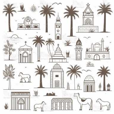 clip art simple line drawing palm trees, camels, church, mosque, dome of the rock, olive branches, donkey, lavender, rosemary. black simple line drawing on white background.