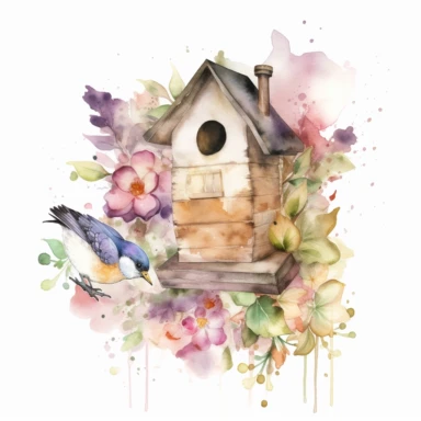 Watercolor illustration of a bird house, a flying bee, add lavender and pink flowers with green leaves, add yellow and gold watercolor splash in the background, hd, white background, clipart--ar3.2--s1000