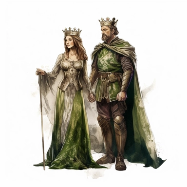 medieval king and queen beside each other, shoulder level image | COLOR THEME: dark green, olive green, army green, black, light pink | watercolor, clipart, hyperrealistic, white background