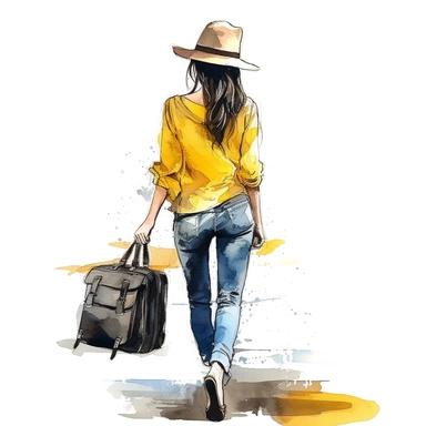 back travel girl with hat holding yellow luggage, whole body girl, Watercolor style, Clipart,on white background with margins