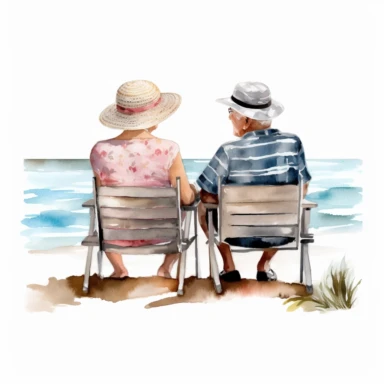 Old Couple on Beach Chair Watercolor Sublimation Clipart, Clipart, white background, no watermark, no text, no word,