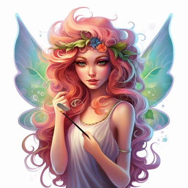 Enchanting Fairy Creating a Symphony of Colors with her Paintbrush, the canvas alive with vibrant hues and swirling patterns. The dreamlike lighting lends a magical, artistic glow to her face and hair, accentuating her creativity and the transformative ma