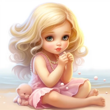 clipart of super cute baby girl in the beach white background full body, sitting on the sand, white sandals, full body, charming anime characters Thomas Kinkade Nadja Baxter Anne Stokes Nancy Noel