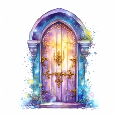 cartoon fairy door, glowing lights and sparkles, colors of green purple gold and blue, glamorous realistic and detailed, watercolor, white background with margins, clipart style