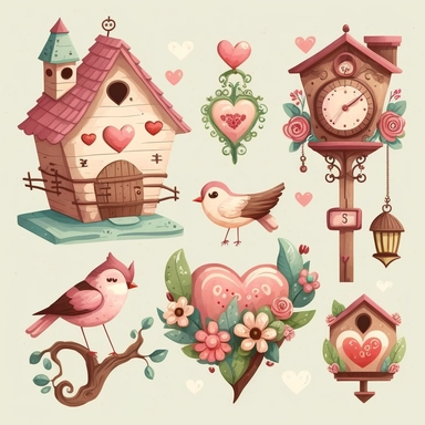 Create a collection of charming and whimsical clip art images of Valentine's themed cuckoo clocks. The images should incorporate elements such as traditional cuckoo clock designs adorned with symbols of love and Valentine's day such as hearts, cupids, and roses. Use watercolor and cartoon-style illustrations to add a playful and imaginative touch. The overall design should evoke a sense of love and celebration, highlighting the beauty and simplicity of natural materials and flowers in a traditio