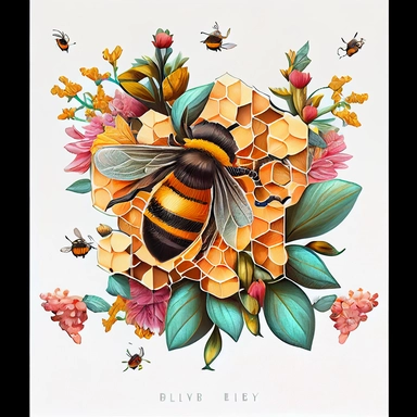 Div 5sides Bee Floral Flower Leaves Leaf Full Diamond Painting, hand draw Illustration clipart, 4K, extremely detailed, detail to every pixel