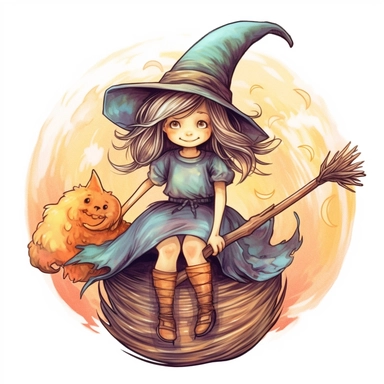Little witch riding a broom, watercolor illustration high definition, cute character, Sublimation Clipart, hyper realistic, intricate detail, illustration style, isolated on white background for style by Lucy Fleming, watercolor, smooth gradients, black contour outline, ultra detailed, clipart elements, delicate pastel colors, solid white background, super clear, high quality