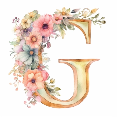 Clipart, Watercolor, Delicate, fine line, Gold Alphabet letter G with soft pink flowers, pastel colors, hand-draw, texture