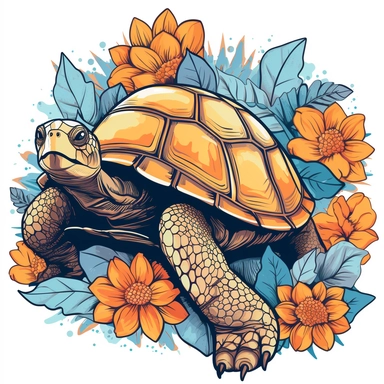 Vector Graphics turtle clipart Example: Midjourney image of a vector graphics turtle and flowers clipart with a white background sticker