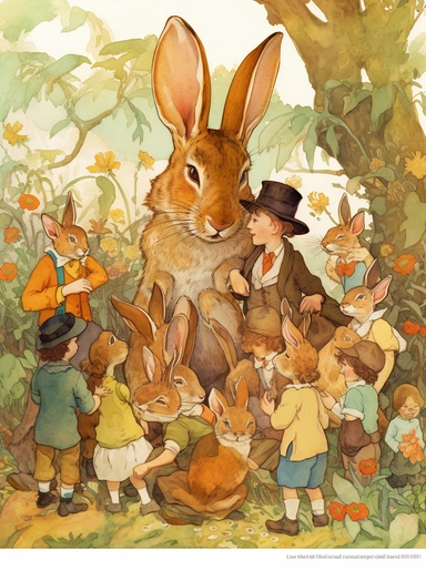 a clipart picture of a rabbit with many kids, in the style of dorothy johnstone, nostalgic paintings, colorful animation stills, angela barrett, karen wallis, orange and brown, pseudo-historical fiction