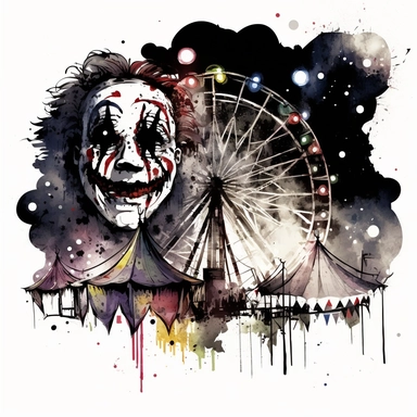 A spooky carnival at night with bright lights and creepy clowns, an abandoned Ferris wheel in the background, a sense of abandonment and decay, watercolor and ink drawing, white background, clipart, spaced out, HD, fantasy