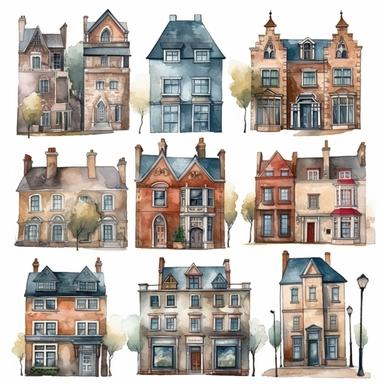 watercolor london town houses , illustrations clipart set, simple, , cartoon elements ,different variants , separate elements with a margin