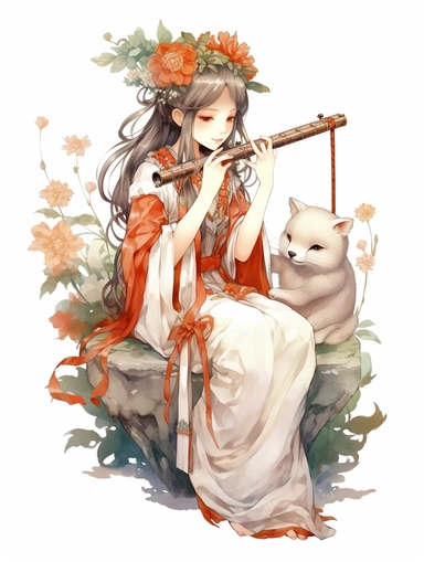 Chibi style, chibi style, Chinese traditional illustration, hill, Fox - faced girl in white, Playing the flute, Peony flowers beside, High quality, Super high image quality, Rich in detail, , a beautiful painting by Alphonse Mucha, clipart png, realistic, digital painting,fantasy style, realistic, painting, watercolor, 8k, ultra details,