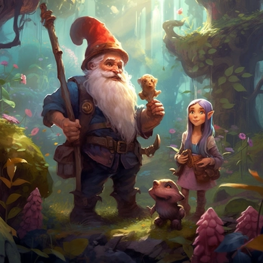 clipart A charming, fantasy-themed digital painting showcasing a hardworking female gnome, focused on her duties, as her bearded male companion stands by, leisurely observing her efforts, surrounded by a vibrant, enchanted forest filled with lively flora and fauna, rendered in a playful, imaginative style