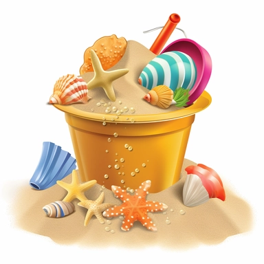 Clipart of a beach bucket filled with seashells and sand toys