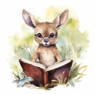 artwork in the style of cicely mary barker, clipart, whimsical watercolor illustration of a cute and happy baby kangaroo with glasses sitting uner a tree in the forest reading a book, watercolor clipart, book cover illustarion, hyper HD