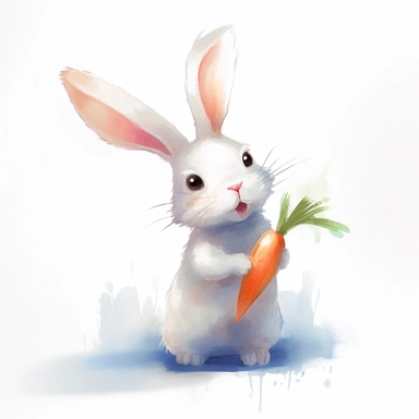 this is a clipart illustration with a bunny holding carrots, in the style of emotionally-charged brushstrokes, animated gifs, eiichiro oda, white and blue, lively action poses, soft and dreamy pastels, jan urschel,pure white background
