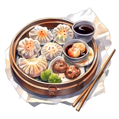 watercolor, hyper realistic, white background, white margins, 16k, ultra detailed clipart, cut out image, hand-drawn a traditional Chinese dim sum platter with a variety of steamed dumplings and buns, served with soy sauce and chili oil in the style of anime art, frostpunk, photo-realistic drawings, villagecore, lively and energetic, high quality, anime