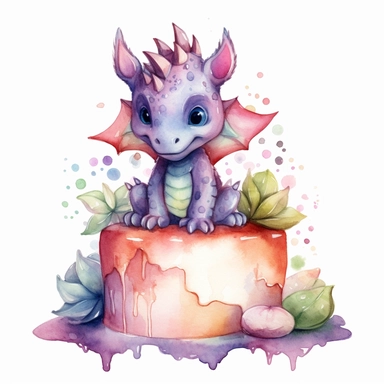 Cute happy Watercolor cake Baby Dragon Clipart, on a white background