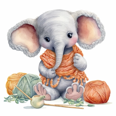 Create a watercolor illustration clipart of a playful cute Baby Elephant Doing crochet, with its full body visible. Use soft, flowing brushstrokes and a warm, inviting color palette to create an image that is both charming and whimsical. Incorporate intricate details like the motion of Baby Elephant Doing crochet to create a lifelike, realistic image. Can add other elements to the illustration like related item to play to create playful scene. Use white background to allow the watercolor texture
