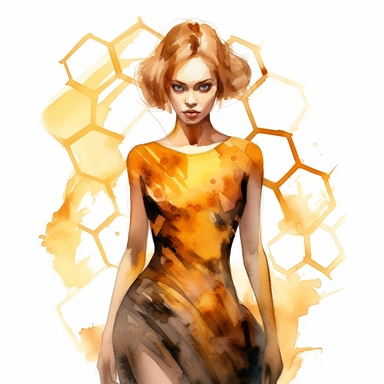 gothic style overrealistic beautiful woman in amber honeycomb dress with watercolor effect,gold details,suitable for digital clipart,white background, no physical deformation, realistic features,royality fashion, space out