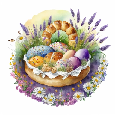 A beautifull basket full of Easter buns and eggs lying on the grass,daisies and lavenders,burning candles, a sunny day, a lively and coloured landscape, watercolour effect, Suitable for Digital Clipart , White Background, fantastic scene , Kids storybook style, detailed , ultra realistic , in a flowering circle frame