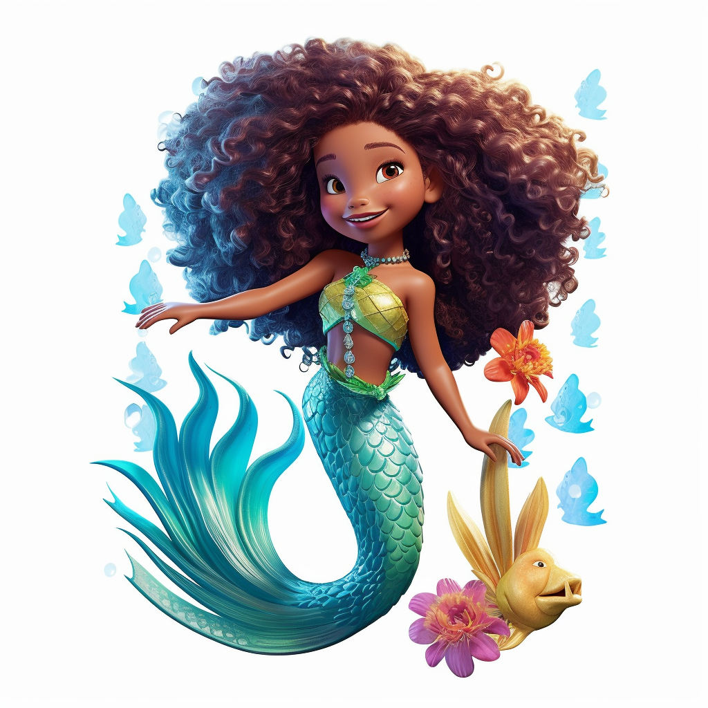 a dark complexion, a mermaid with afro textured hair, age 6, with a ...