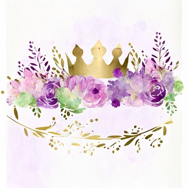 line of purple and lilac watercolor flowers with a simple clipart princess crown on top, watercolor gold, pink, purple, green, white background