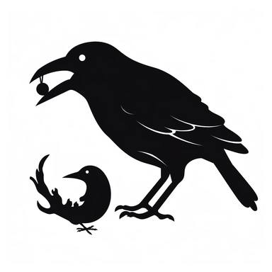 black and white silhouette of a halloween bird eating a dead animal, clipart style, white background, thick lines, vector, simple design, flat colour, solid colour