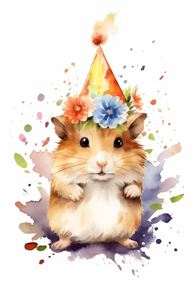 Create a watercolor clipart picture of a hamster wearing a birthday hat, white background. The hamster should have a cute and happy expression, with its fur depicted in soft watercolor textures. Surround the hamster with small flowers and greenery, adding a whimsical touch to the scene.