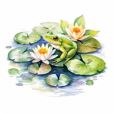 Watercolor Lily Pond Clipart - springtime cute lily pad and frog pond , white background, no text