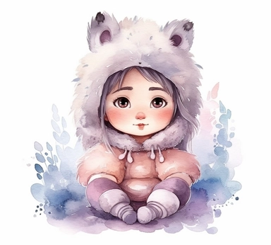cute adorable little Eskimo princess character watercolor clipart, full body, disney, pixar
