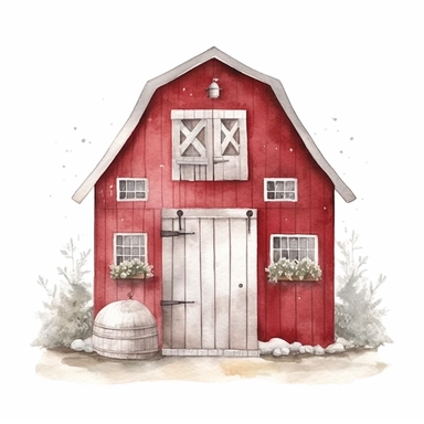 A watercolor painting of a cute barn with door open in Bethlehem Christmas, cute detailed digital art, inspired by nicoletta ceccoli, by Kubisi art, whimsical and cute, by nicoletta ceccoli, cute detailed artwork, glimmering, adorable and whimsical, whimsical art, Clipart style, png style, svg style, blank white background, a solid white backgrounnd