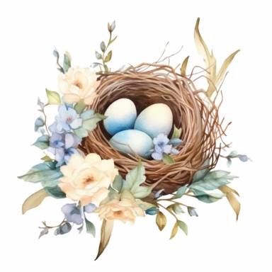 realistic Watercolor floral bouquet bird Nest with bird eggs clipart, be creative and detailed, white background