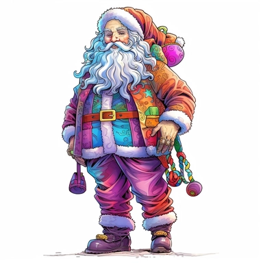 Full body of Santa Claus, style by Lisa Frank, watercolor, smooth gradients, black contour outline, ultra detailed, clipart elements, vibrant colors, solid white background, super clear, high quality