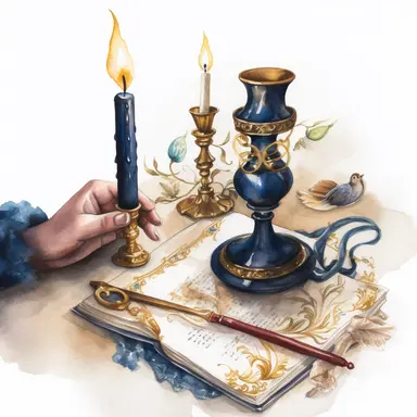 watercolor, hyper realistic, white background, white margins, 16k, ultra detailed clipart, cut out image, hand-drawn, whimsical a close-up of a woman's hand writing a letter with a quill pen on a scroll, with a candlestick holder and an antique hourglass in the background, with a color scheme of dark blue and gold.
