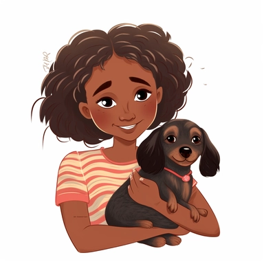 Cute dachshund and a 5 year old black girl with cornrow hair cuddling, drawn in anime style, gentle smile, cute, clipart, white background, chibi style